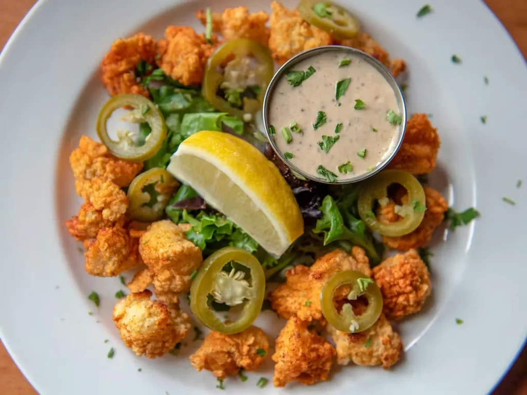 Crispy fried food with jalapeños, greens, dipping sauce, and lemon wedge.