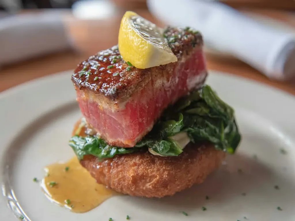 Plated seared rare tuna, lemon, herbs, greens, crispy base.