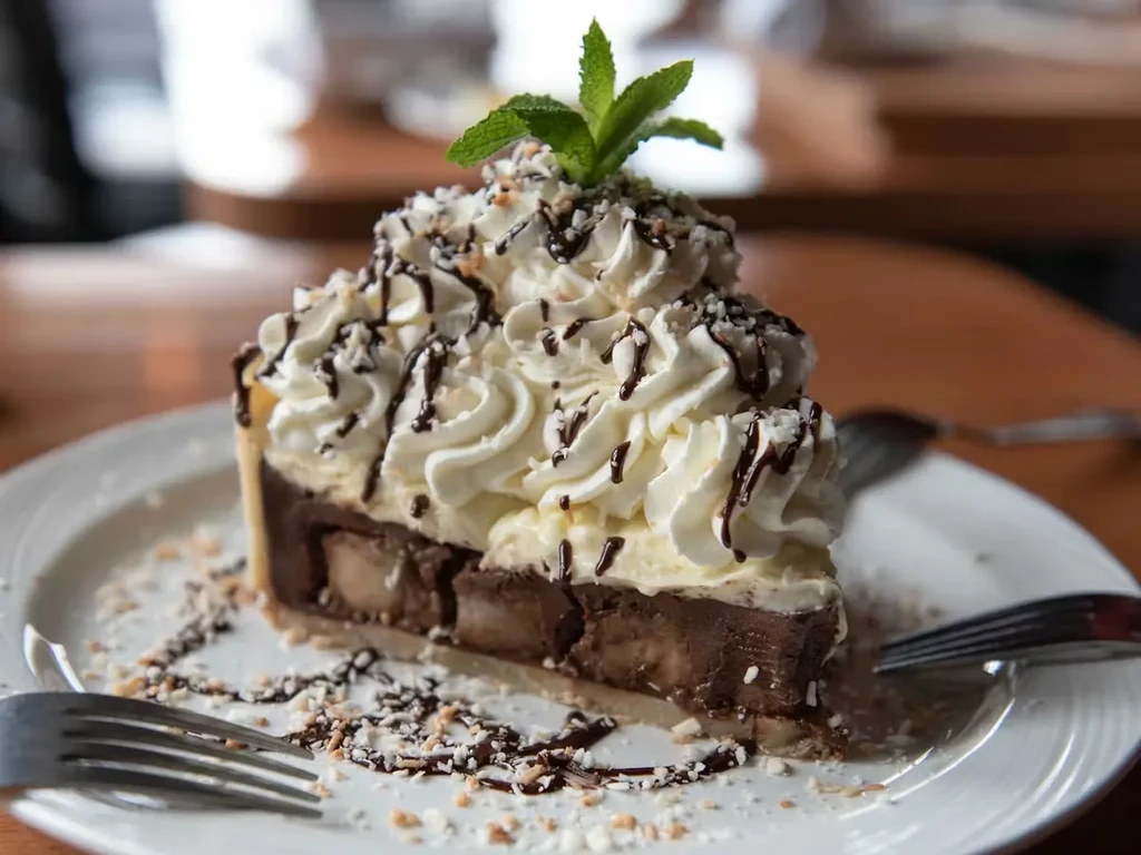 Slice of layered dessert pie with whipped cream, chocolate drizzle, and mint.