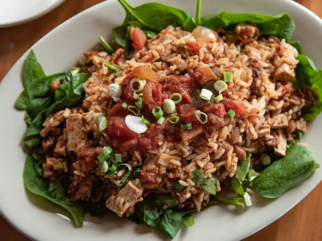 Close-up of colorful rice bowl with beans, vegetables, and red sauce.