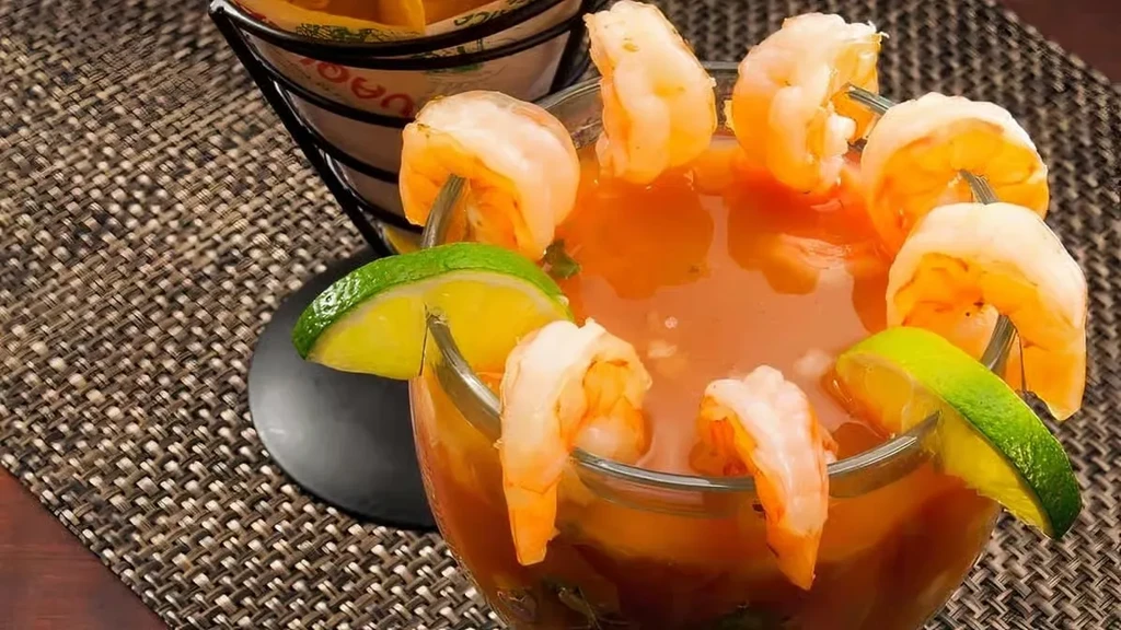Cooked shrimp cocktail in a glass with lime wedges and chips.