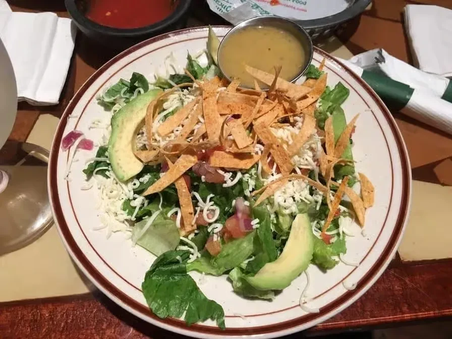 Plate of fresh salad with avocado, cheese, tortilla strips, and dressing.