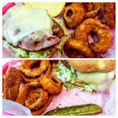 Two close-ups of a burger, onion rings, and pickle spear in baskets.