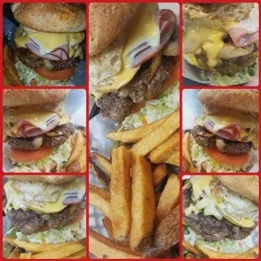 Nine-panel collage of various burgers with melted cheese and thick fries.