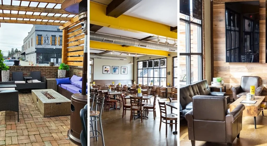 Triptych showcasing restaurant patio, dining room, and lounge spaces.