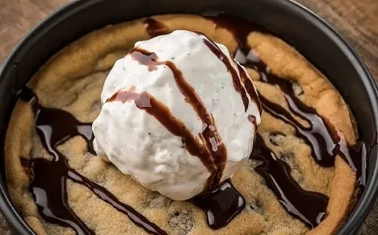 Warm chocolate chip dessert with melting vanilla ice cream, chocolate syrup.