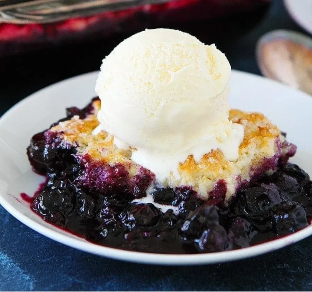 Blueberry cobbler with melting vanilla ice cream on a white plate.