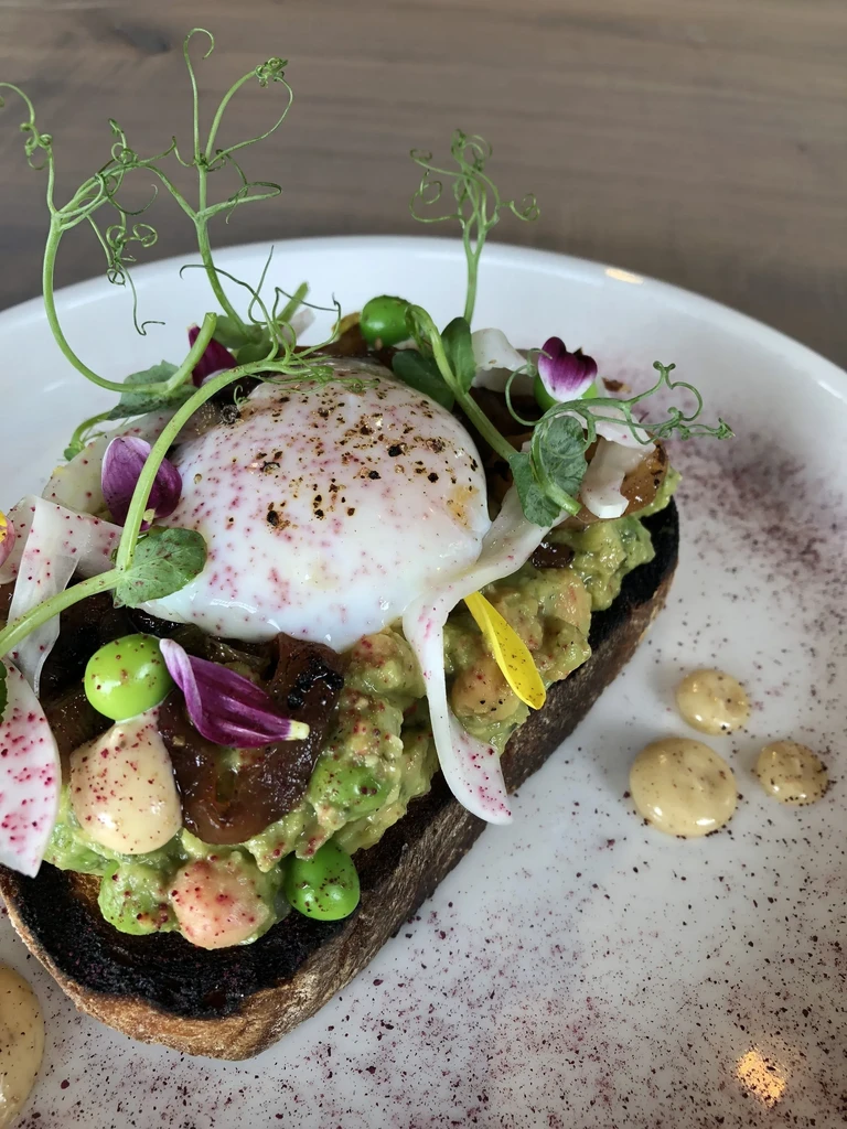 Artfully plated avocado toast, poached egg, radish, pea tendrils, and flowers.