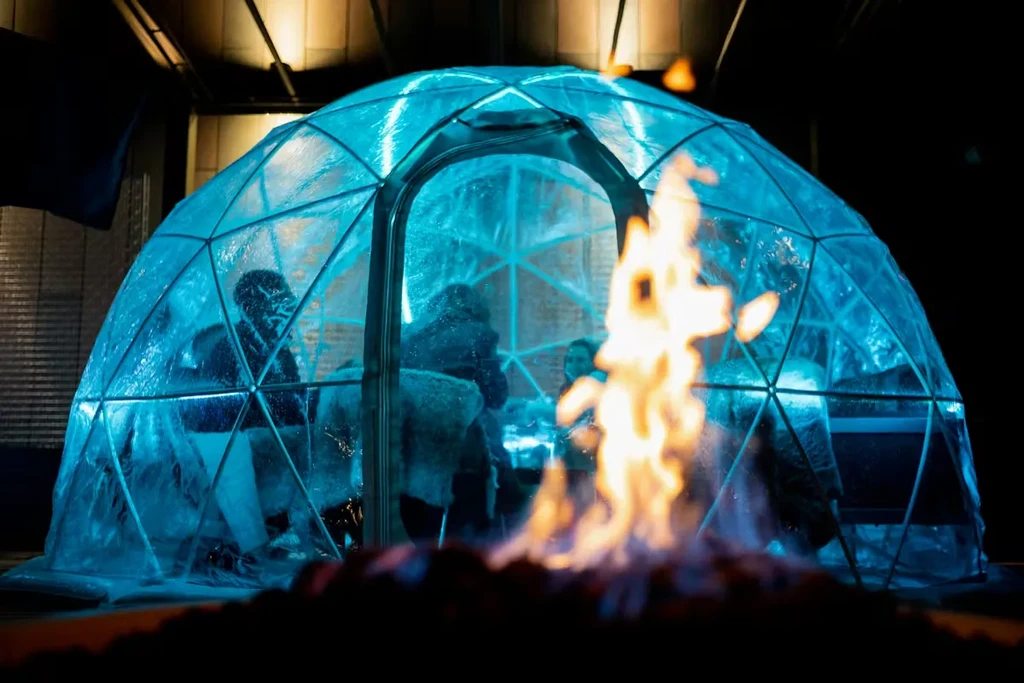 Illuminated blue dome with people, foreground fire pit at night.