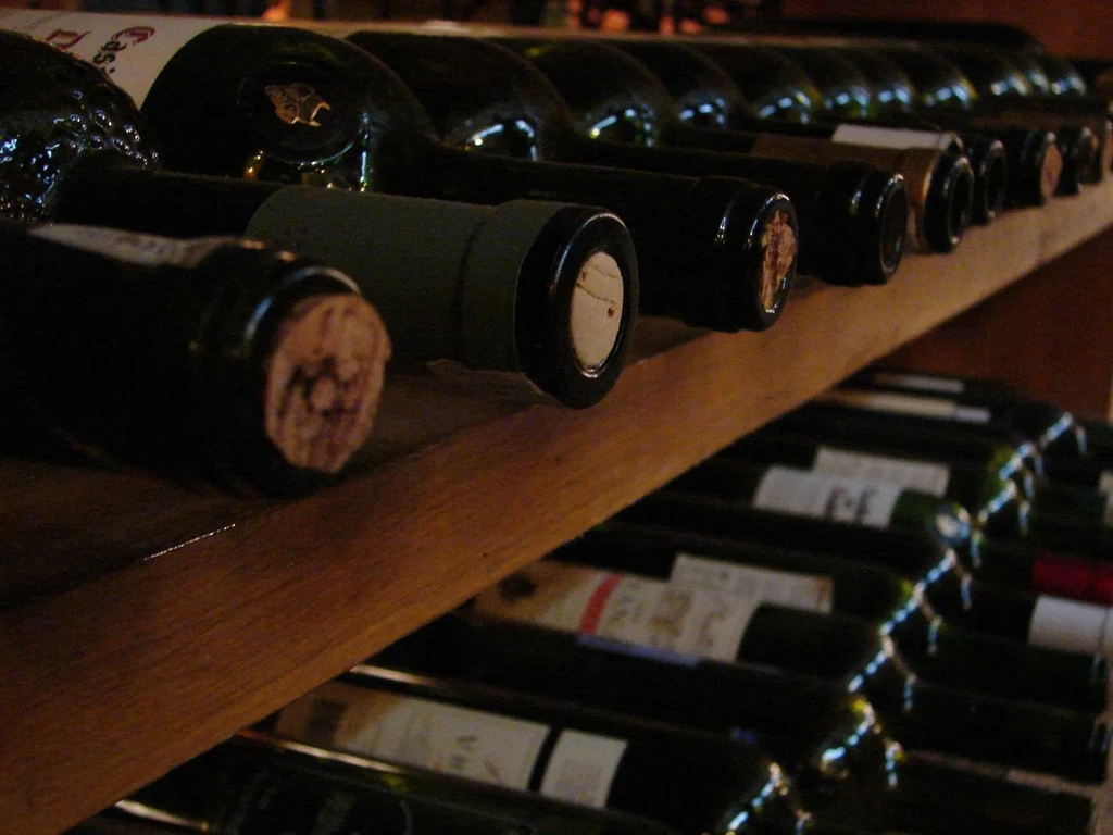 Multiple dark wine bottles with corks on dimly lit wooden shelves.