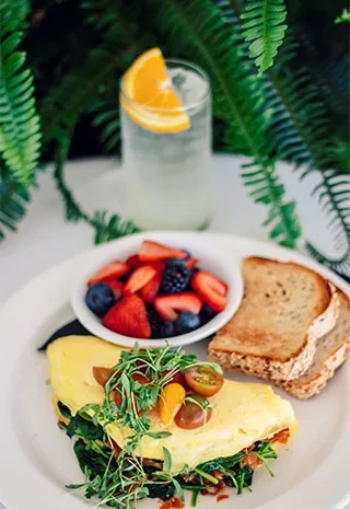 Plated omelet, berries, toast, and drink set in a garden.