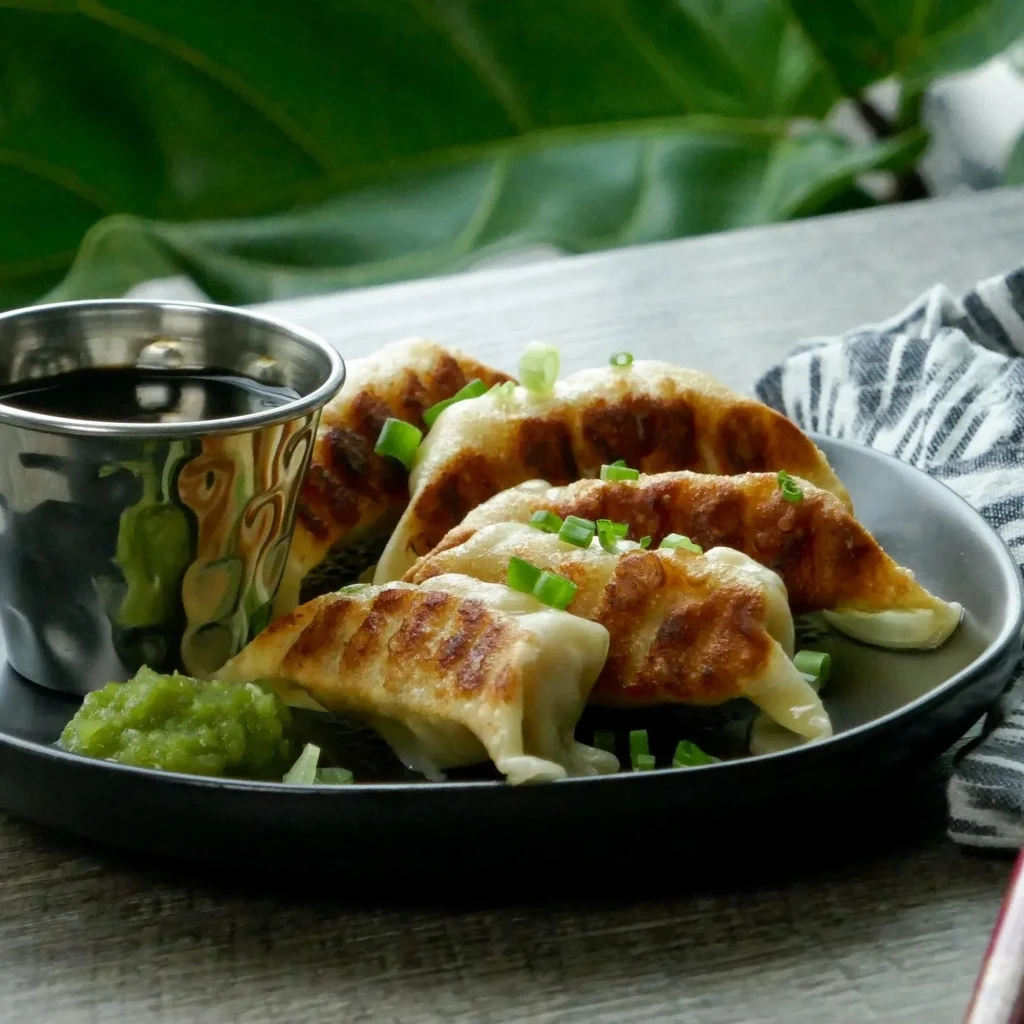 Crispy pan-fried dumplings, green onions, dipping sauce, and green paste.
