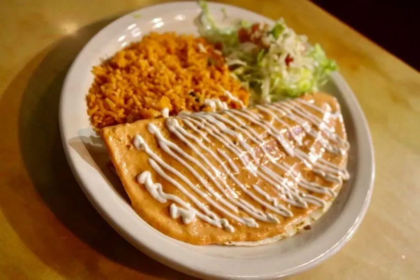 Overhead view: Tex-Mex enchilada with sauce, Spanish rice, lettuce, salsa.