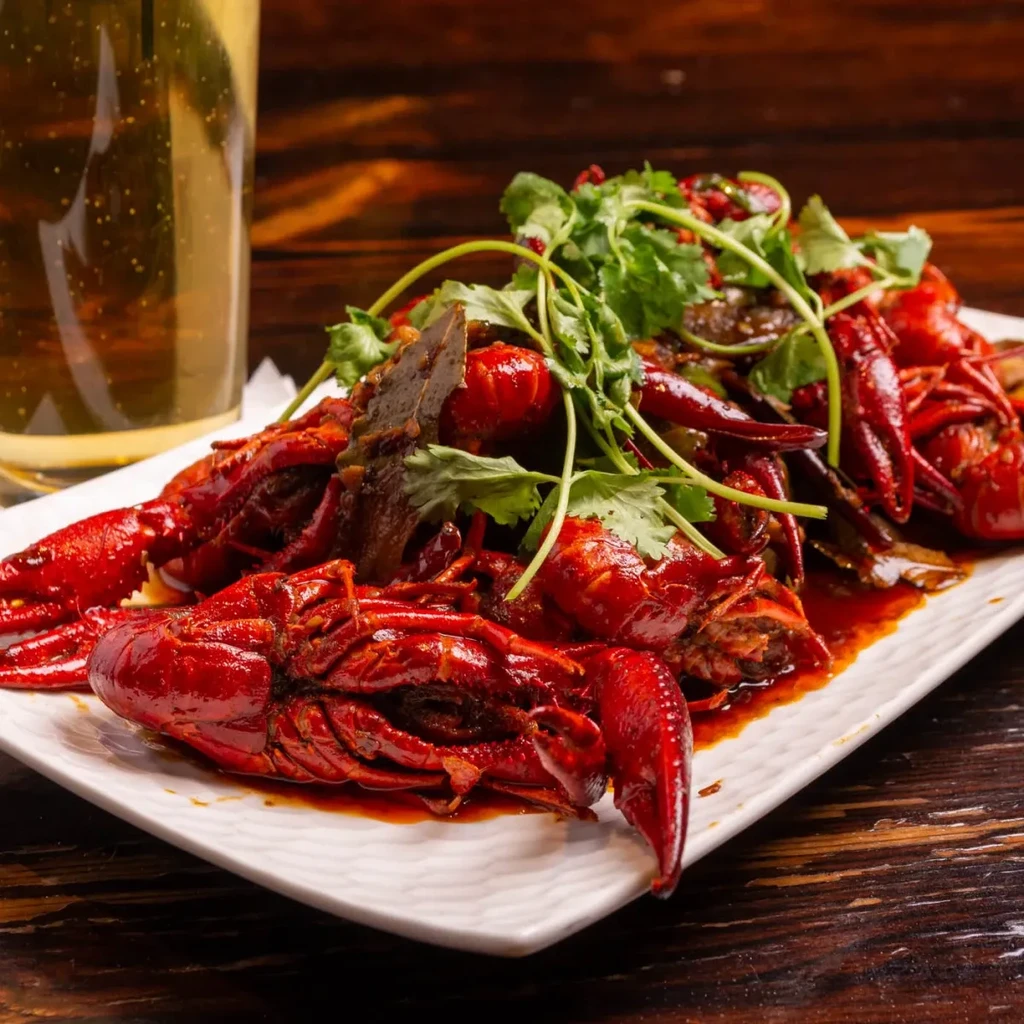 Platter of cooked red crawfish with sauce, cilantro, and beer.