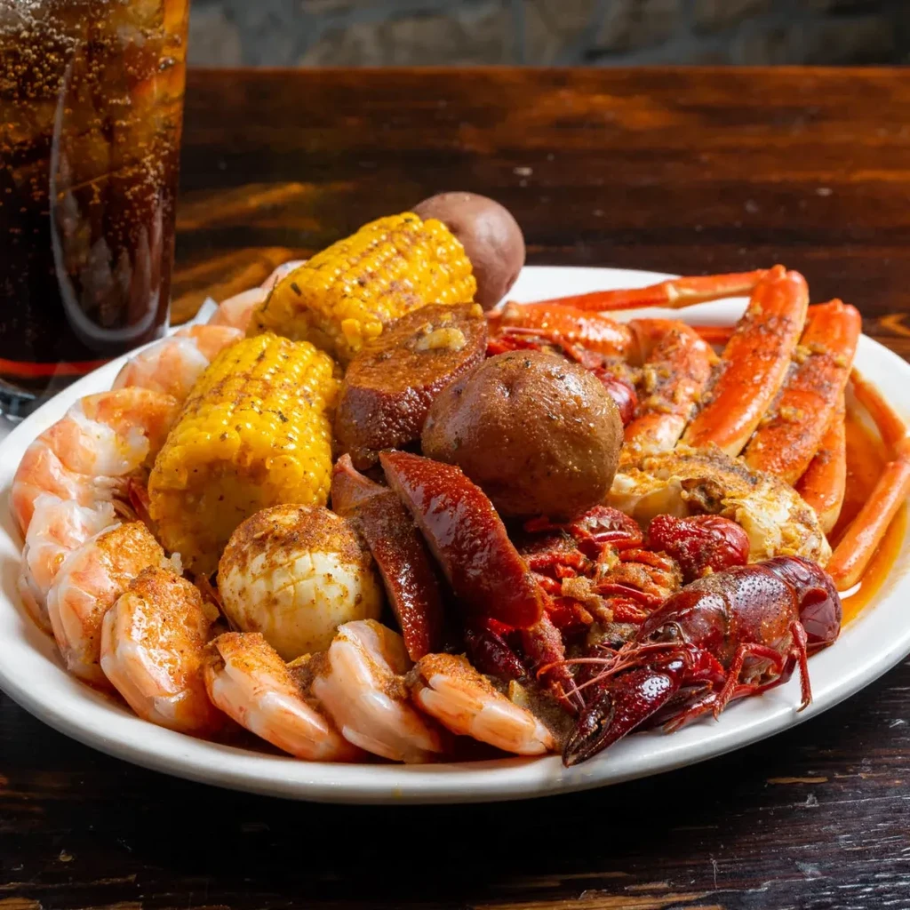 Seasoned seafood boil platter: shrimp, crab, crawfish, corn, potatoes, sausage.