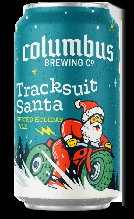 Chilled beer can showing Tracksuit Santa on a motorcycle graphic.