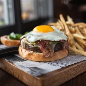 Gourmet burger with fried egg, cheese, bacon, and fries on a board.