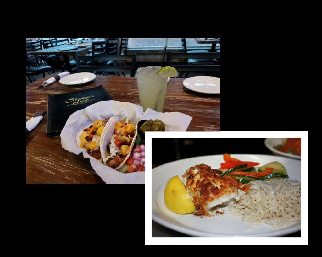 Composite: Tacos, cocktail, and a plated fish, rice, vegetable dish.