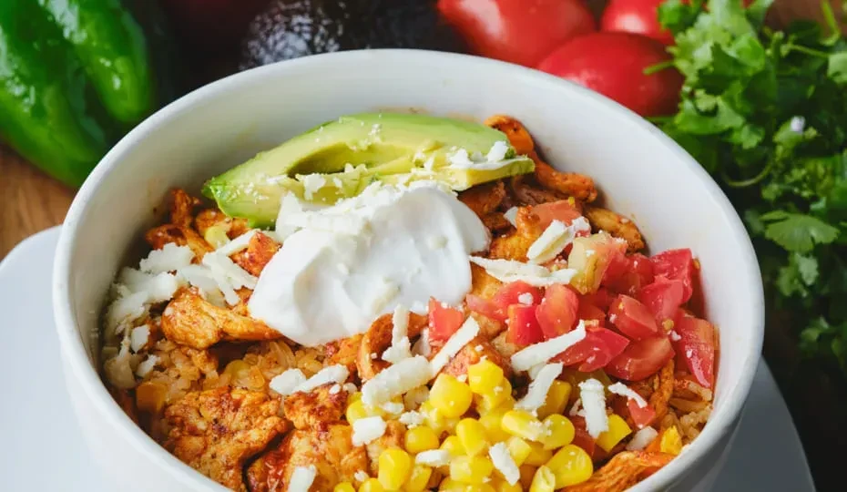 Close-up of chicken bowl with rice, corn, avocado, cheese, and sour cream.