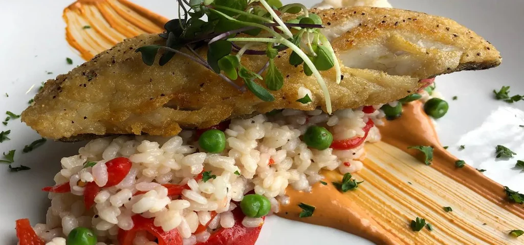 Close-up of golden fish fillet, risotto, vegetables, red sauce, herbs.