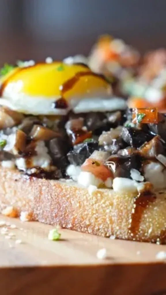 Toast with mushrooms, cheese, runny fried egg, and balsamic drizzle.