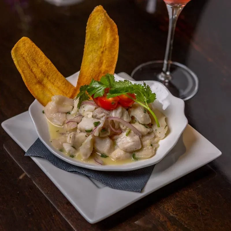 Ceviche with fish, red onion, cilantro, and upright plantain chips.