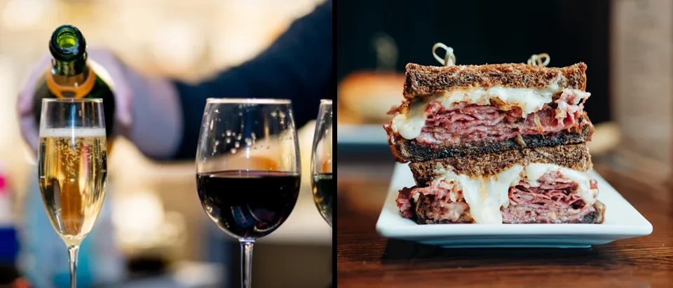 Diptych showing champagne being poured and a large Reuben sandwich.