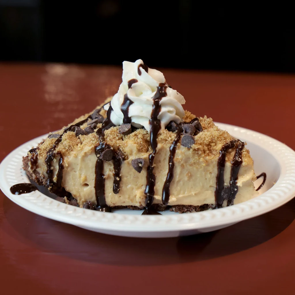 Peanut butter pie slice with whipped cream, chocolate, and cookie crumbs.