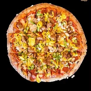 Whole pizza, sliced, with sausage, mushrooms, green and banana peppers.