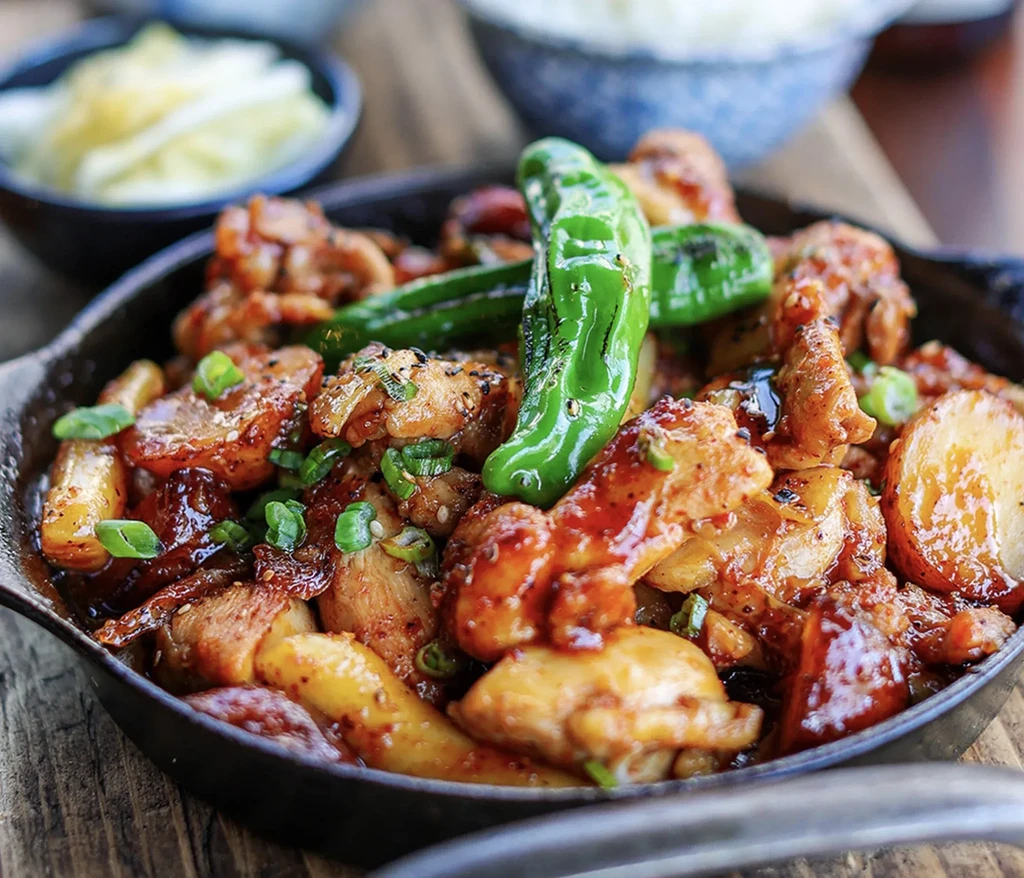 Chicken with potatoes, green peppers, and sauce in a black pan.