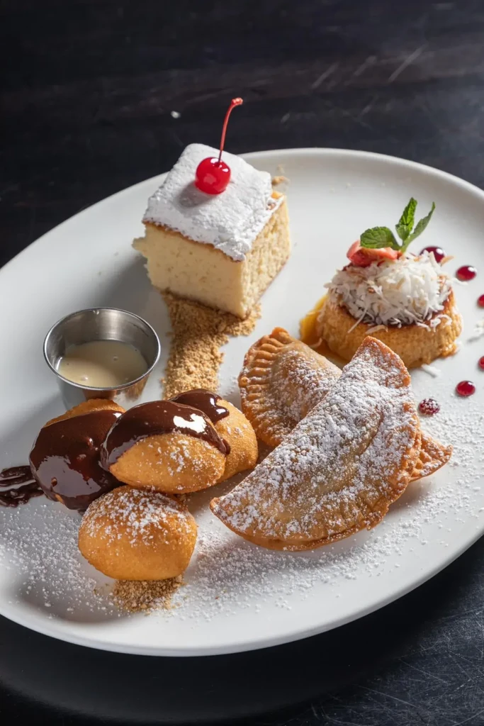 Plate with cake, coconut dessert, fried pastries, and sugary dough.