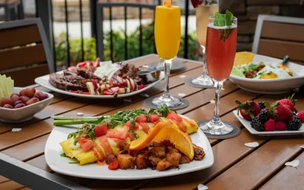 Outdoor brunch spread featuring omelet, chocolate pancakes, fruit, and mimosas.