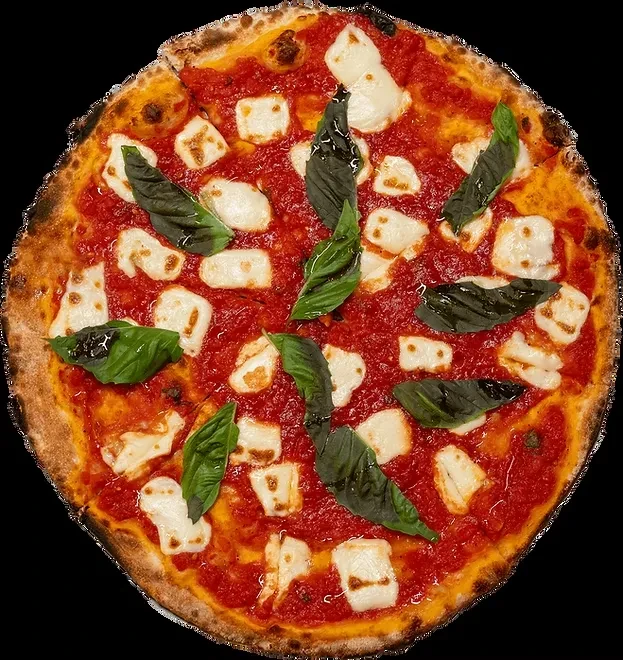 Round Margherita pizza with vibrant tomato sauce, mozzarella, and fresh basil leaves.