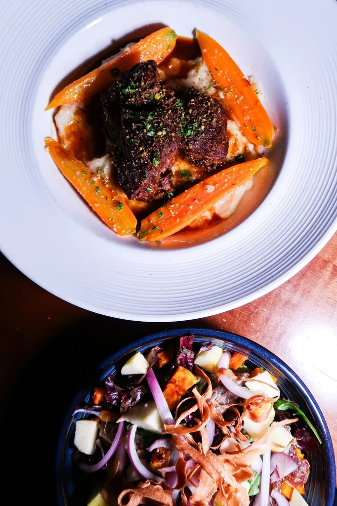 Dinner plate with braised short ribs, carrots, and mashed potatoes, with a salad.