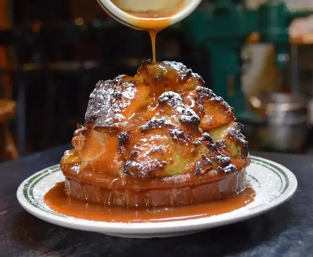 Caramel sauce poured over bread pudding dusted with powdered sugar.