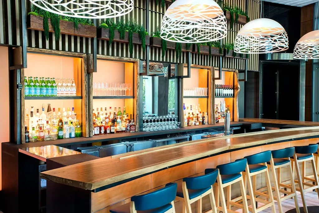 Modern bar with wooden countertops, shelves of bottles, and decorative hanging plants.