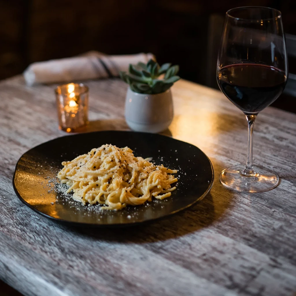 A black plate of pasta with wine, candle, and succulent on a table.