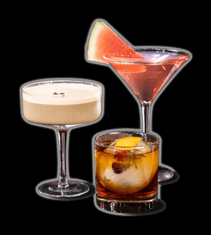Three cocktails: coupe with coffee, martini with watermelon, rocks with rosemary ice.