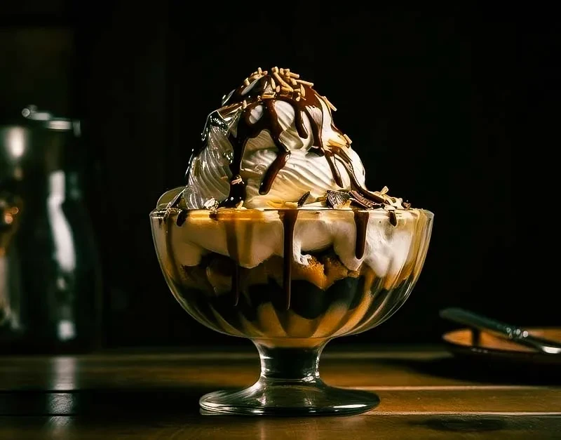 Dessert sundae with whipped cream, chocolate drizzle, and sprinkles in a glass.