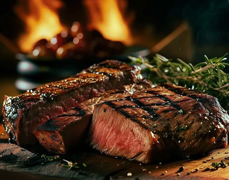 Two grilled steaks, one sliced, with rosemary and fire in background.