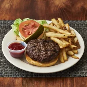 A grilled hamburger patty on a bun, fries, and ketchup on a plate.