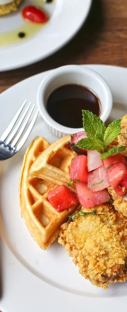 Fried chicken and waffles with tomato salsa and mint garnish.