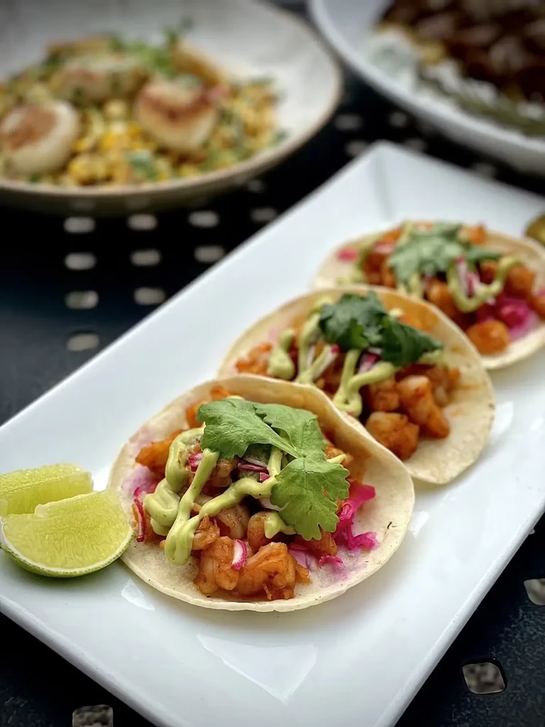 Shrimp tacos with avocado sauce, cilantro, and lime on a white plate.