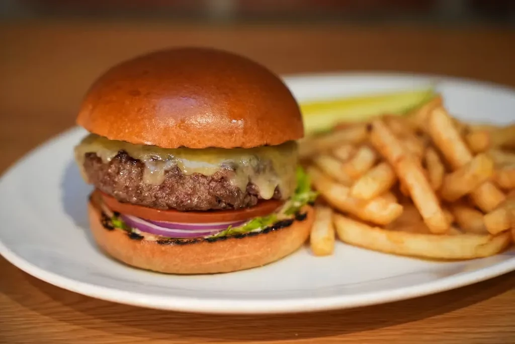Cheeseburger with fries and pickles on a white plate.