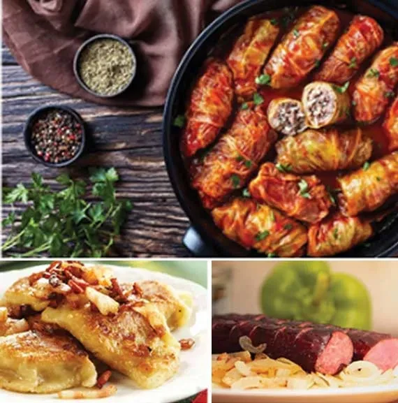 Collage: hearty cabbage rolls, potato pancakes, and smoked sausage.