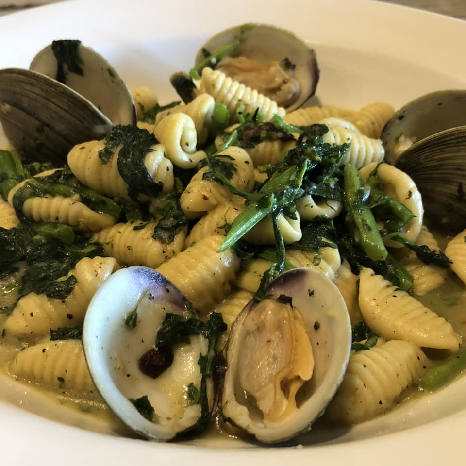 Plate of ridged pasta with clams and green leafy vegetables.