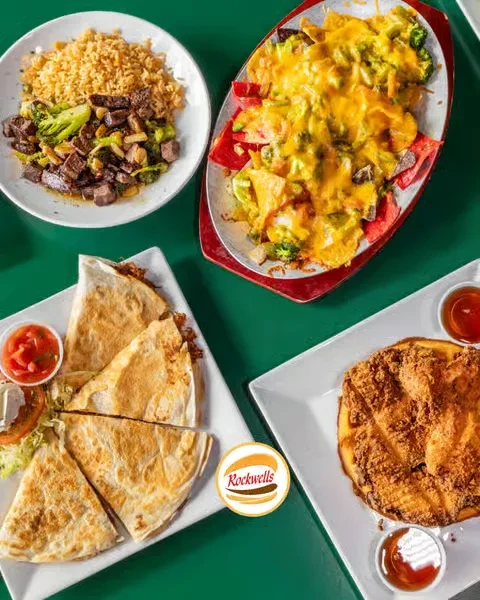 Nachos, quesadillas, rice with meat and broccoli, and chicken and waffles.