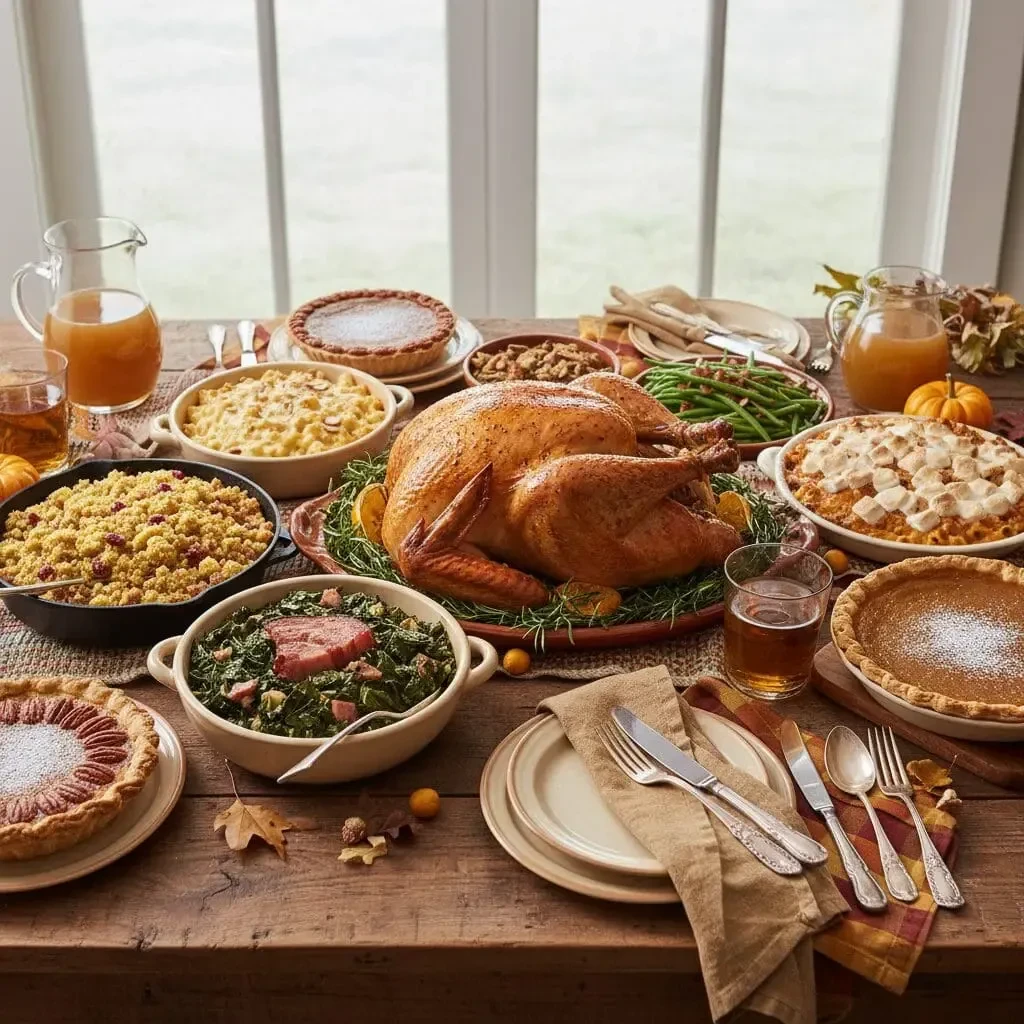A wooden table laden with a festive Thanksgiving meal with turkey and pies.
