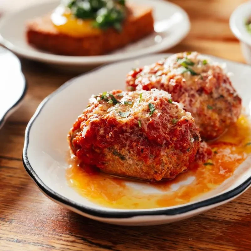 Two large meatballs with red sauce, cheese, and parsley on a white plate.