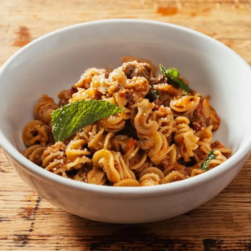 A white bowl of pasta with meat sauce and a mint leaf.